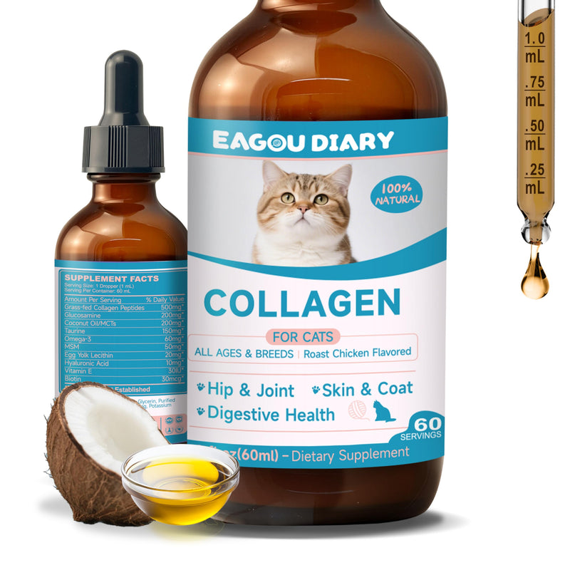 Eagou Diary Senior Collagen for Cats Joint Supplement - MSM, Biotin, Omega-3, Taurine, Glucosamine for Cat, Hip & Joint Supplement for Cats, Digestive & Immunity Support, 60ml Liquid Cat Collagen
