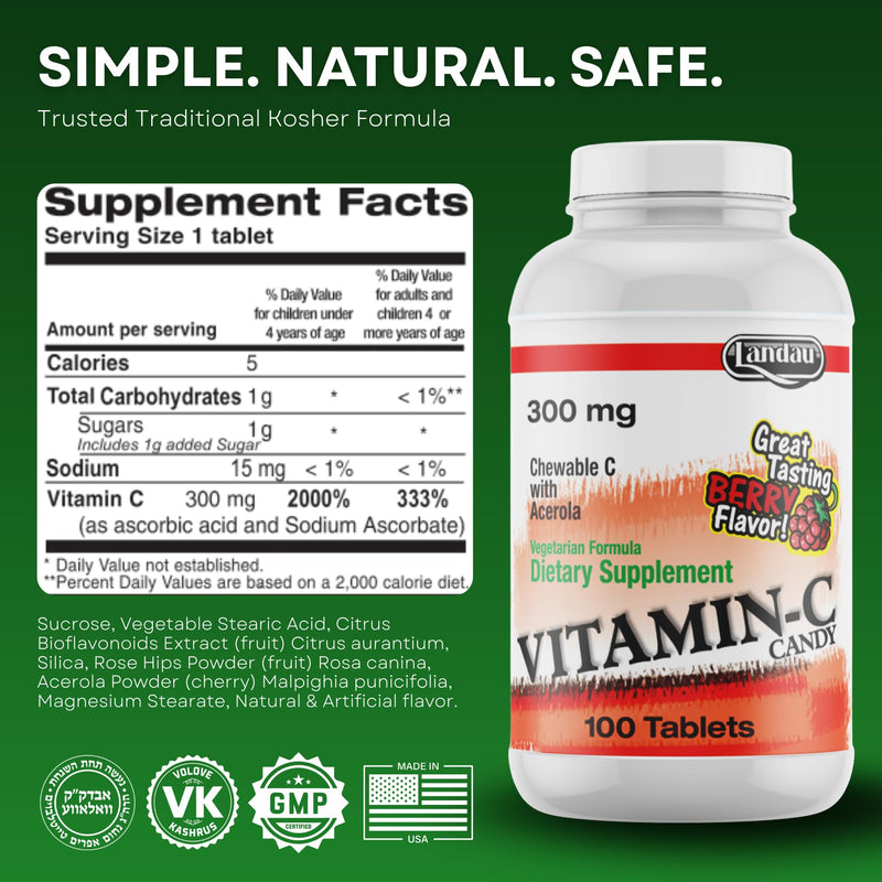 LANDAU 300mg Chewable Vitamin C Candy for Kids & Adults – Easy-to-Take Vitamin C Supplement with Acerola – Kosher & Made in The USA – Great Tasting Berry Flavor, (100 Count) 100 Count (Pack of 1)