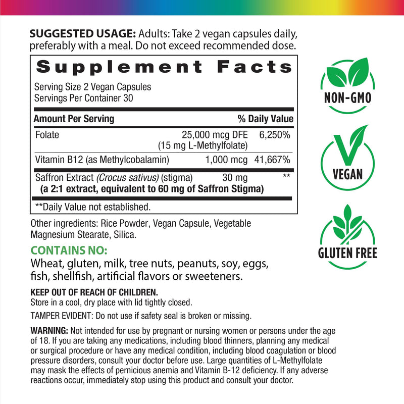 Rainbow Light L-Methylfolate 15 mg with Methyl B12 | 60 Capsules | Plus Saffron Extract | Helps Maintain a Positive Mood | Vegan, Non-GMO and Gluten Free Supplement