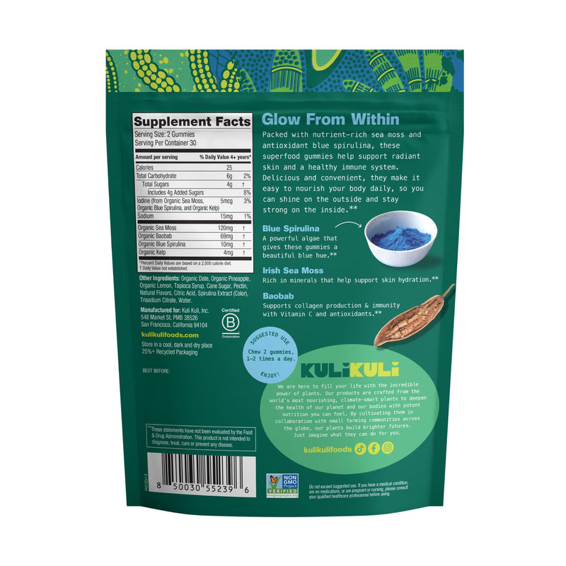 Kuli Kuli Organic Sea Moss & Blue Spirulina Gummies, 60 CT | Plant-Based Irish Sea Moss Superfood with Baobab and Vitamin C for Skin Glow, Immune Support, and Collagen Pineapple Colada 60 Count (Pack of 1)