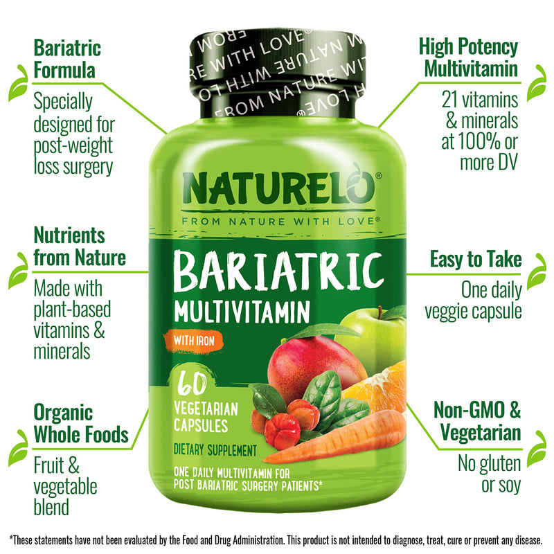 NATURELO Bariatric Multivitamin with Iron, 60 Veggie Capsules | One daily, for post gastric bypass surgery patients and bariatric surgery patients, natural whole food nutrition Unflavored 60 Count (Pack of 1)
