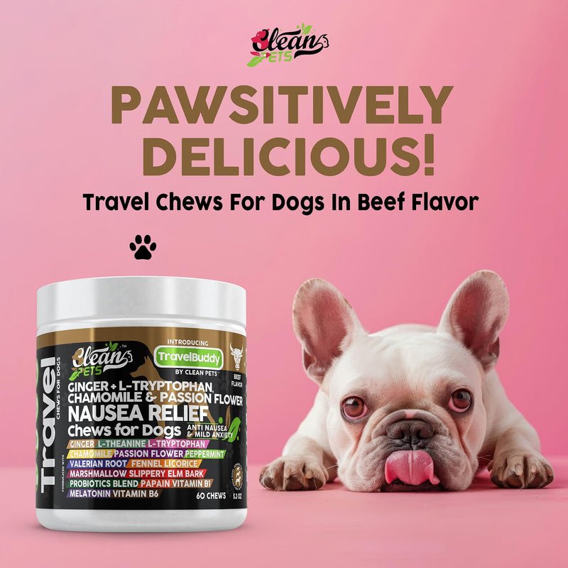Clean Pets Travel Chews Nausea Relief for Dogs | Ginger L-Tryptophan Chamomile Passion Flower L-Theanine Peppermint Valerian Root Fennel Licorice Root Marshmallow Root Slippery Elm Melatonin Chew 60 Count (Pack of 1)