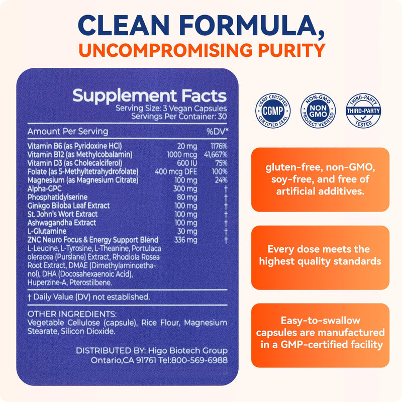 ZNC® Brain Supplement Nootropic for Memory & Focus with Alpha GPC Ginkgo Biloba Bacopa Monnieri Vitamin B6 B12 Phosphatidylserine 90 Ct