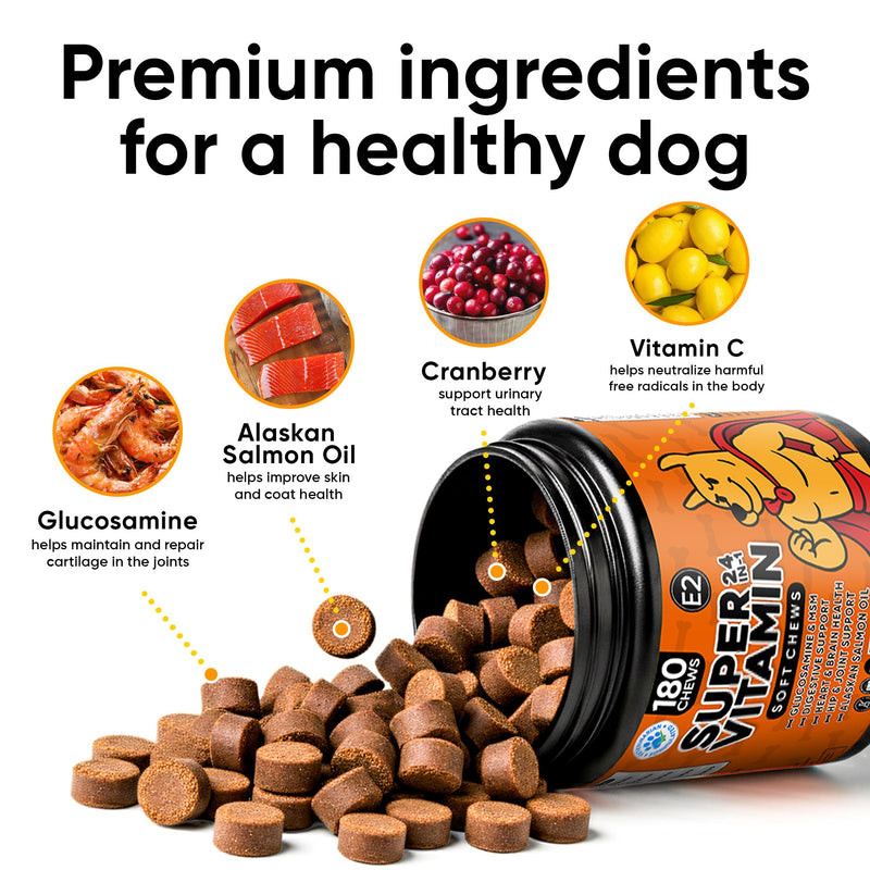 24-in-1 Dog Multivitamin with Glucosamine - Chewable Dog Vitamins and Supplements for Hip & Joints - Ideal for Immune Support and Digestive Health - Best for Senior Dogs and Puppies’ Skin & Heart