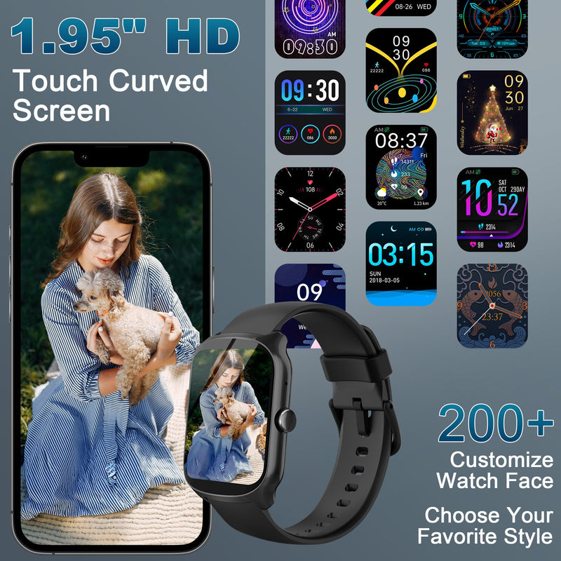 Smart Watch for Men Women, 1.95'' HD Curved Screen Smartwatch(Answer/Make Call), Fitness Tracker with 112 Sport Modes, IP68 Waterproof Fitness Watch with Heart Rate/Sleep Monitor/Pedometer/Calories Black