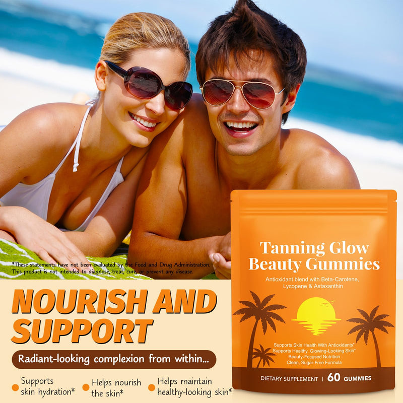 Tanning Gummies for Women, Tanning Gummies with Vitamin C & E, Astaxanthin, Beta Carotene & Lycopene Blend, Tanning Supplement Supports Healthy-Looking Skin, Sugar-Free, 60 Count