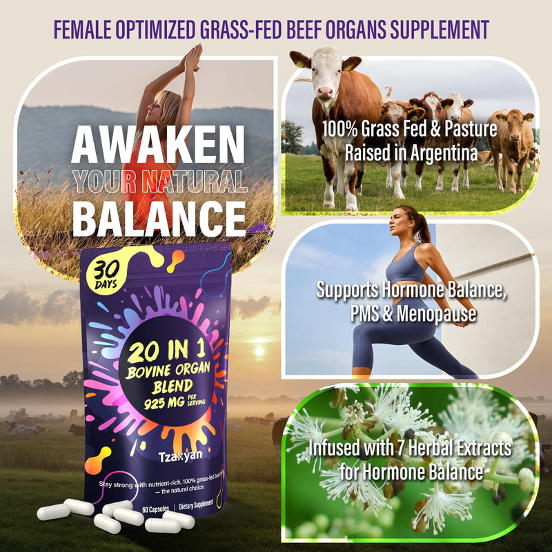 20-In-1 Beef Organ Supplement for Women, 925MG Grass Fed Beef Liver, Uterus, Ovary & 3 more with Maca, DIM, Black Cohosh, Vitamin & Mineral, Bovine organ Capsules for Hormone Balance, Energy, 30 Days Beef Organ & Herbal 60 Count (Pack of 1)
