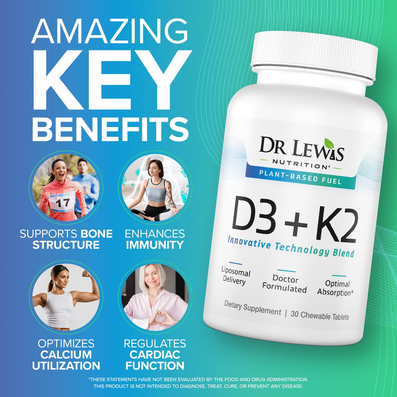 Liposomal Vitamins D3 + K2 Supplement Doctor Formulated Support for Heart, Brain, Bones, and Immune System Sourced from Plant Based Lichen and Natto - Gluten-Free, Non-GMO - 30 Chewable Vegan Tablets