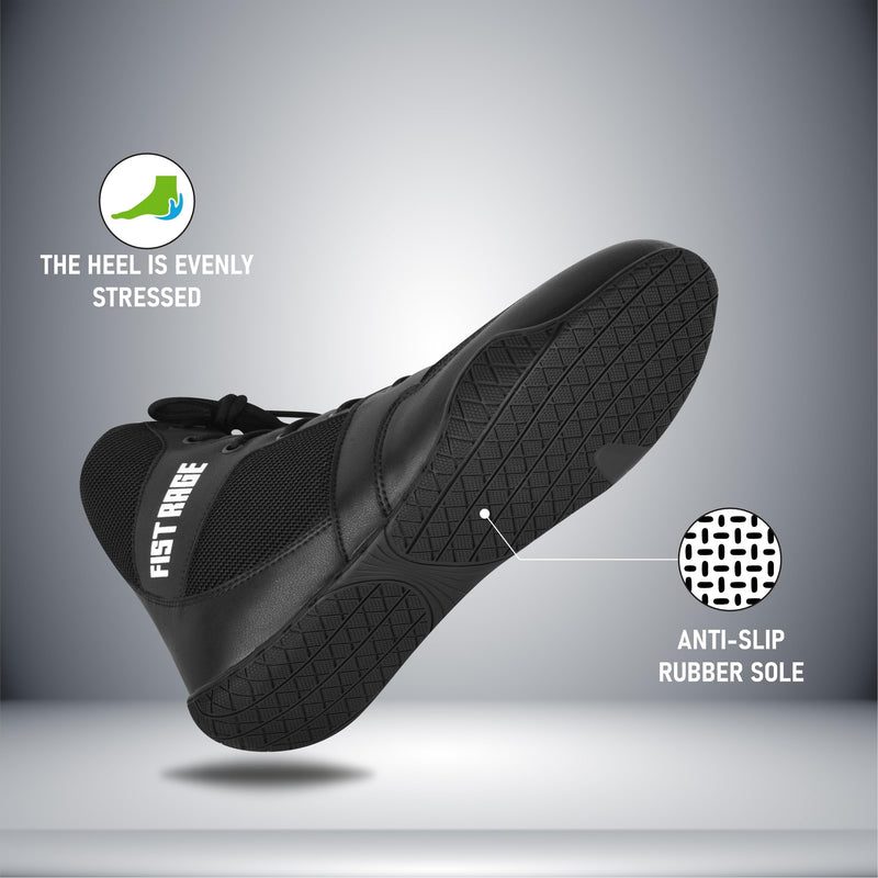 FISTRAGE Boxing Shoes Lightweight Microfiber Leather Kickboxing Training and Fighting Boots Pro Fighters with Mesh and Rubber Sole for Extra Grip - Ventilated Design - Men, Women, Kids Sizes Along With Sting Bag 8.5 Women/7 Men Black - BeesActive Australia