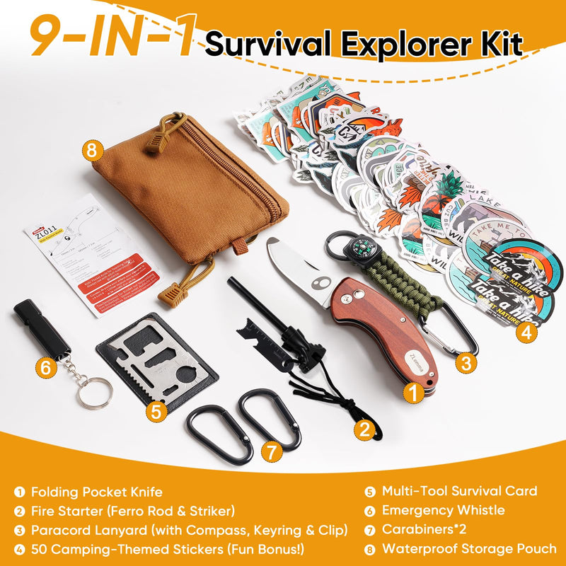 Kids Pocket Knife with Camping Survival Kit, Whistle, Fire Starter, Compass, Carabiners and Carrying Case, Easy Close Safety Lock on Knife. Outdoor Exploration Set for Kids - BeesActive Australia