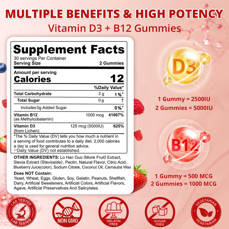 NEVISS Vegan Vitamin D3 5000IU + Vitamin B12 Gummies for Women Men, 60Ct | High Potency D3 5000IU & 1000 mcg Methylated B12, Vitamin D3 and B12 Supplement for Adults, Bone, Immune & Energy, Sugar Free 60 Count (Pack of 1)