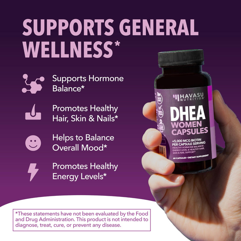 DHEA Supplement for Women with Biotin 5000mcg Per Serving, 2 Month Supply | DHEA 50mg and Biotin Supplement for Hormone Balance and Hair, Skin, Nail Support, Vegan, Non-GMO, Gluten-Free, 60 Servings DHEA + Biotin (60 Count)