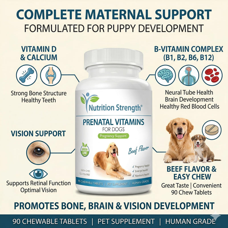 Prenatal Vitamins for Dogs to Support Development of Healthy Puppies, Promote Milk Production, with Folic Acid, Iron, Zinc, Iodine, B Vitamins for Pregnant Dogs, 90 Chewable Tablets Beef