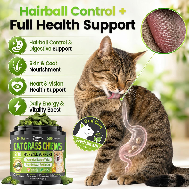 Cat Grass Treats, Hairball Treatment for Cats, Cat Grass for Indoor Cats, Fish Oil for Skin & Coat, Digestion, Taurine for Heart Vision, 500 Crunchy & Creamy Chews with Essential Vitamins of All Ages