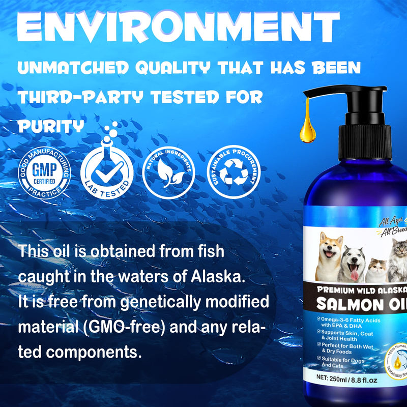 Alaskan Salmon Oil for Dogs & Cats 250ml – Natural Omega 3 & 6 Fish Oil Supplement with EPA & DHA – Supports Skin, Coat, Joints, Brain & Heart – Anti-Inflammatory Pet Supplement for Dogs and Cats
