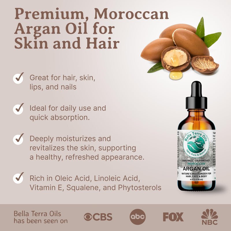 Bella Terra Oils - Argan Oil 2 oz - Cold-Pressed from Morocco, Rich in Vitamin E & Fatty Acids, Perfect Hair Oil Serum to Combat Frizz, Luxurious Face Oil 2 Fl Oz (Pack of 1)