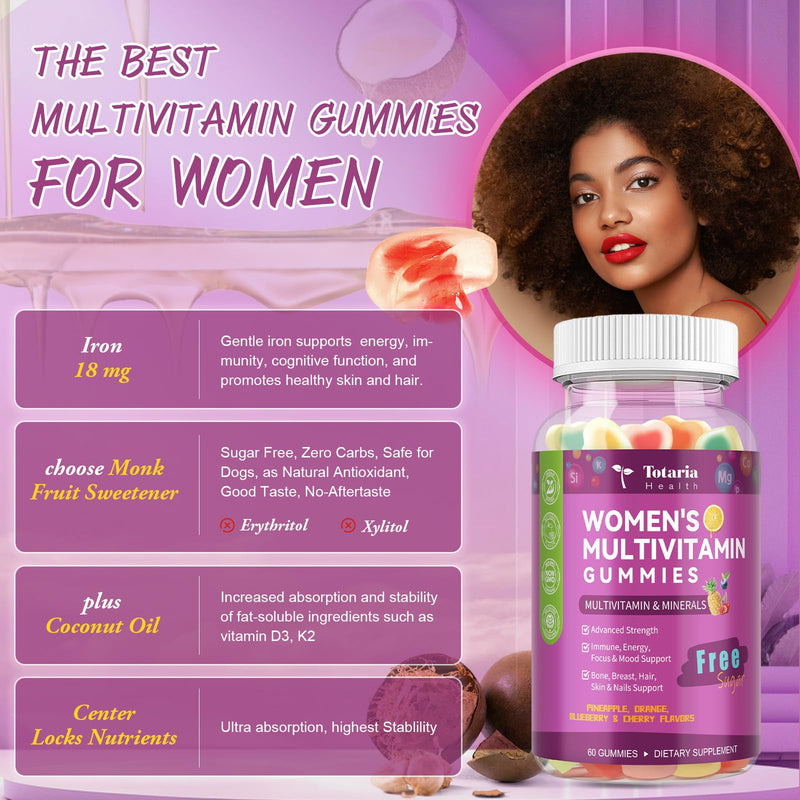 Totaria Sugar Free Multivitamin Gummies for Women 14+ w/Iron, Inositol, Folate, Biotin, Womens Daily Multivitamin Gummy w/Vitamin A, C, B, D3, K2, for Hair, Skin, Energy, Immune, Mixed Flavors 60 Count (Pack of 1)