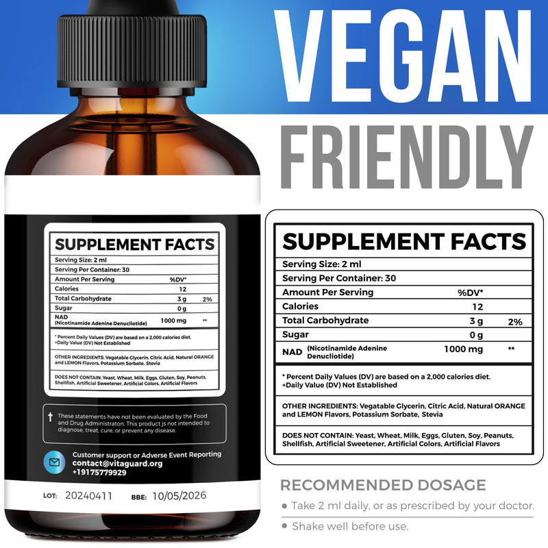 Vita Guard Pure NAD+ Liquid Drops 1000mg | Nicotinamide Adenine Formula | Vegan, Non-GMO | Natural Lemon & Orange Flavor | Dietary Supplement for Women & Men