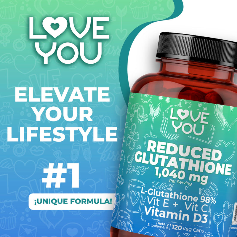 Love You Reduced Glutathione 98% Purity 1040 mg + Vitamin C, E & D3 - Intracellular Antioxidant - Supports Detoxification & Immune Function - 120 Veggie Caps, 30 Servings