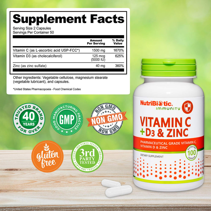 NutriBiotic – Vitamin C + Vitamin D3 & Zinc, 100 Capsules | Potent, Comprehensive Immune Support | Essential & Antioxidant Daily Supplement | Gluten & GMO Free (Pack of 2) 100 Count (Pack of 2)