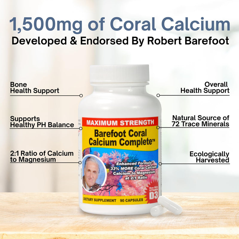 90 Capsules - Coral Calcium 1500mg | Calcium, Magnesium, Vitamin D3 & 72 Trace Minerals - Bone Health - Developed by Bob Barefoot 90 Count (Pack of 1)