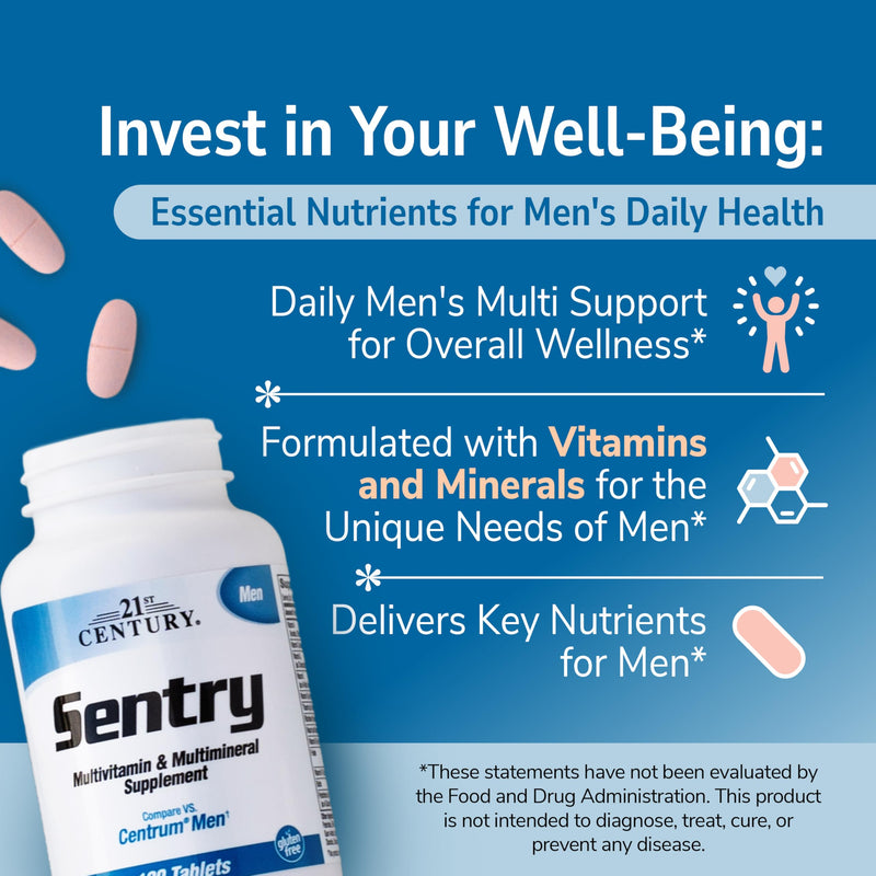 21st Century Sentry Men Multivitamin Tablets, Daily Support, 120 Count | Complete Daily Multivitamin & Multimineral, Compare VS. Centrum® Men, Men for Energy, Immunity & Metabolism Support