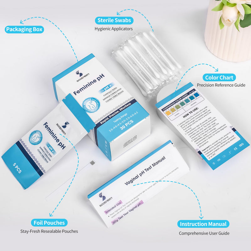 At-Home Vaginal pH Test Kit: 30 Strips + 30 Individually Wrapped Swabs - Fast & Accurate Feminine Health Monitoring for pH Balance, BV & Yeast Infection - Professional Grade