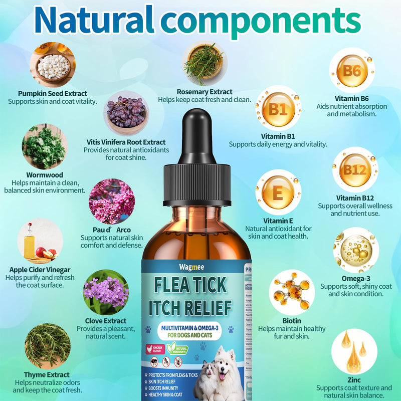 Flea and Tick Prevention for Dog and Cat, Natural Oral Flea & Tick Itch Relief Support Drops with Multivitamin for Pets - Supports Healthy Skin & Coat - Oral Supplement for All Breeds & Ages