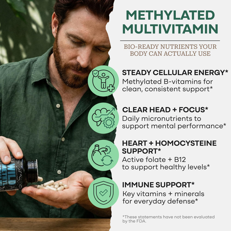 Wild Methylated Multivitamin for Men & Women, MTHFR Supplement 120 Capsules | Without Iron Methylated B12, Folate, Vitamin C, A, K2, D, E, Choline, Biotin, ALA, CoQ10, Non-GMO, Gluten Free, Vegetarian 60 Count (Pack of 2) Men/Women