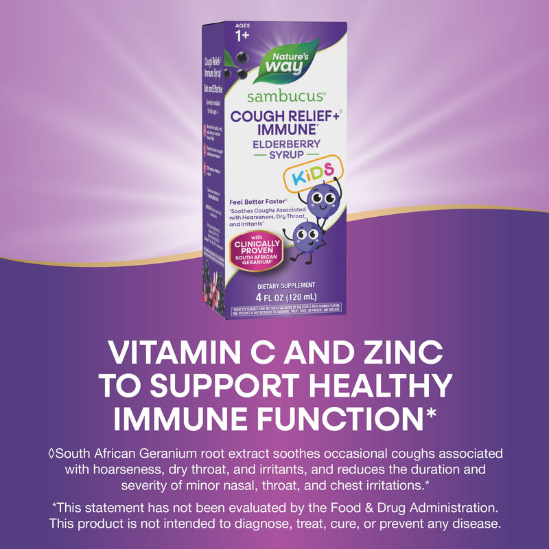 Nature's Way Sambucus Kids Cough Relief +(1) Immune Syrup*, Vegan, 4 Fl Oz | Feel Better Faster(1), Clinically Proven South African Geranium, with Elderberry Extract, Vitamin C & Zinc, Gluten Free 4 Ounce