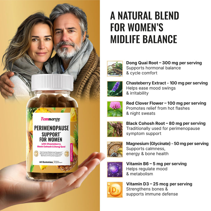 Perimenopause Support Gummies for Women - Menopause Relief Estrogen & Hormone Balance Supplement with Black Cohosh Chasteberry Vitamins D3 B6 for Hot Flashes Night Sweats & Mood Swings 60 Count (Pack of 1)