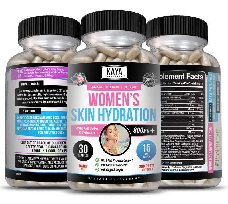 Kaya Naturals Skin Hydration Vitamins - Female Pills - Skin Enhancer Capsules -Hydration Booster for Women - Promotes Increased Energy, Mood & Stamina - Reduction in Dryness - 30 Veggie Capsules