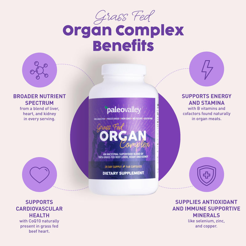 Paleovalley 100% Grass Fed Organ Complex, Beef Liver, Heart and Kidney | Whole Food Multivitamin, Vitamin B12 Supplement, Nutrient Dense Superfood, Freeze Dried, Pasture Raised, Ancestral Nutrition Beef Organ