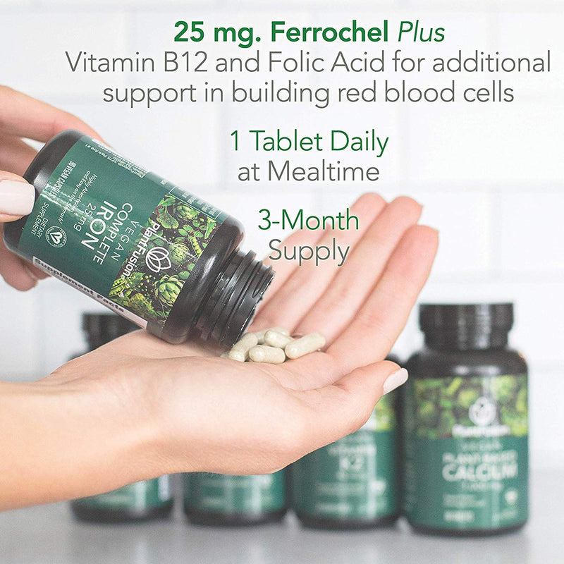 PlantFusion Vegan Iron Supplement with Ferrochel, 25mg, 90 Capsules | Plant based iron and natural iron for women and men with Ferrochel, folate and vitamin B12; gentle and easy on stomach Complete Iron
