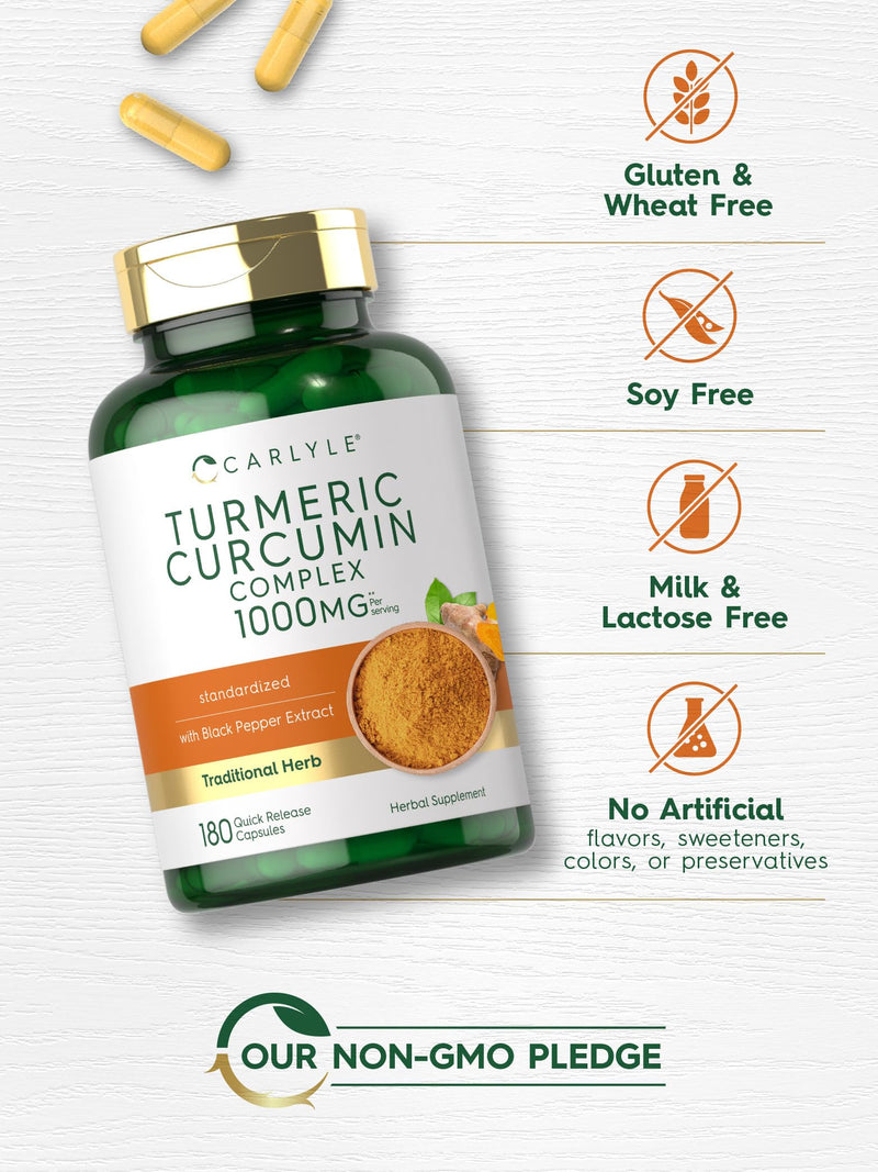 Carlyle Turmeric Curcumin with Black Pepper 1000mg | 180 Capsules | Turmeric Complex Supplement | Non-GMO, Gluten Free - BeesActive Australia