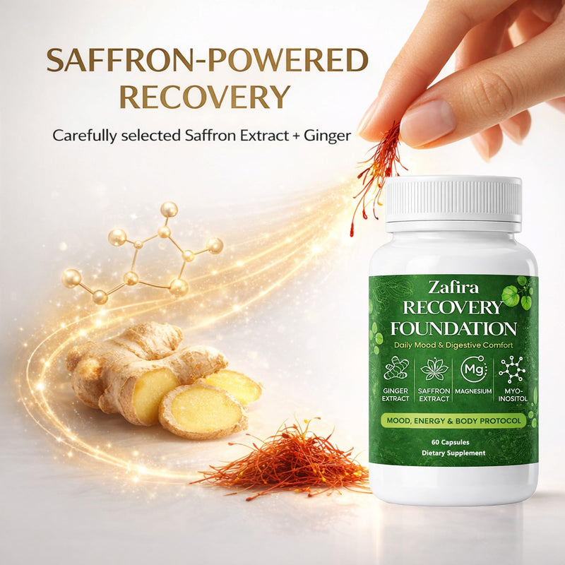 Zafira Organics Recovery Foundation Capsules – Mental Clarity, Hair & Mood Support, Natural Herbal Formula with Saffron Extract, Ginger Extract, L-Theanine, Myo-Inositol, Non-GMO, 60 Capsules