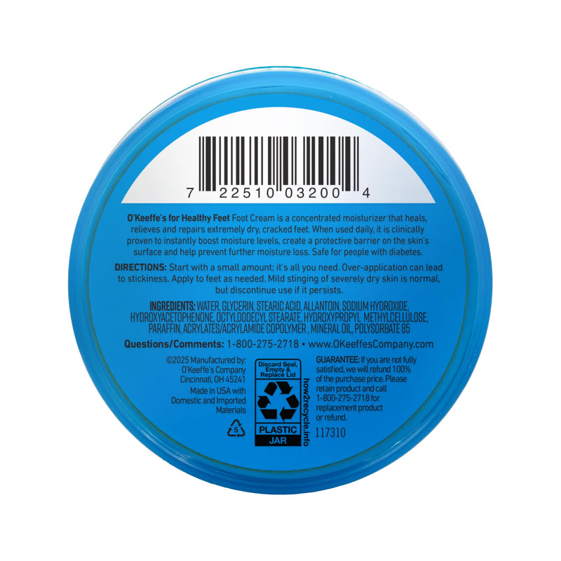 O'Keeffe's for Healthy Feet Foot Cream - 3.2 oz Jar (1 Pack) - Guaranteed Relief for Extremely Cracked, Dry Feet, Repairing Skincare, Instantly Boosts and Retains Moisture Levels 3.2 Ounce (Pack of 1)
