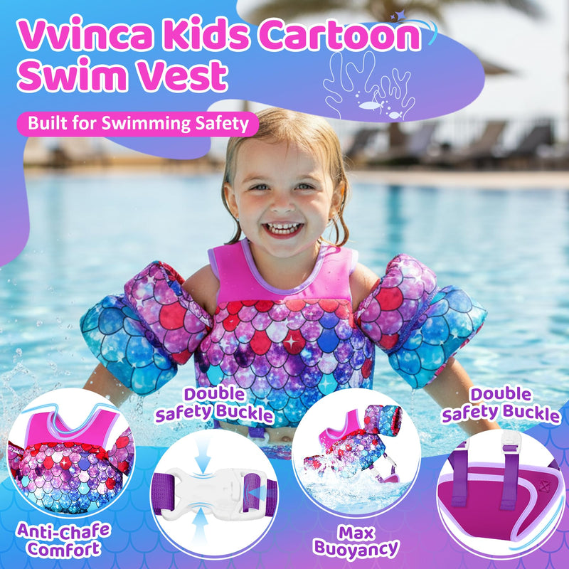 Vvinca Toddler Swim Vest 22-66 lbs, Swim Trainer for Boys Girls with Anti-Chafe Crotch Strap, Floaties for Kids 2-6 Years Old 01-Mermaid Scale