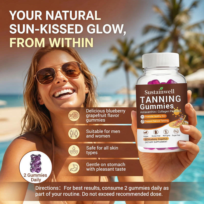 Tanning Gummies with Astaxanthin & Collagen for Women and Men Natural Sun-Kissed Tanning Supplement with Beta Carotene, Lycopene & Vitamins Skin Radiance & Hydration Vegan & Sugar Free 60 Count