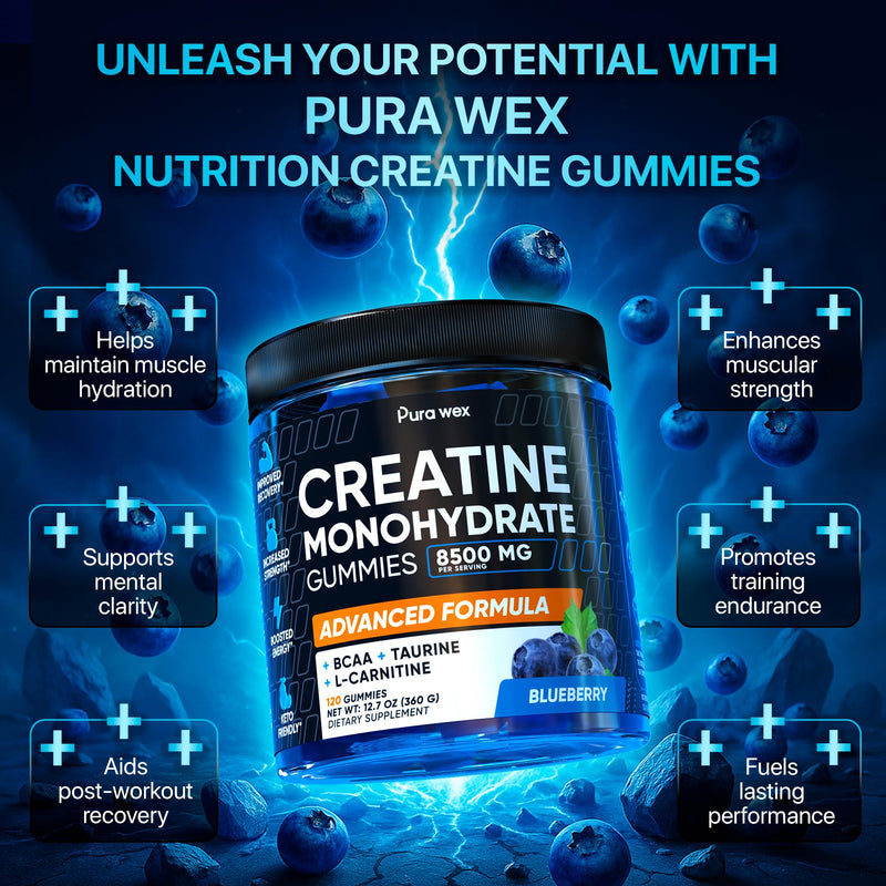 Creatine Monohydrate Gummies 8500mg Complex for Men & Women - Pre Workout Creatine Chews for Muscle Growth, Strength & Energy, Sugar Free, Vegan, Blueberry Flavor - 120 Count
