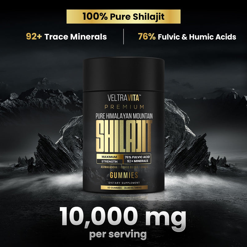 Pure Himalayan Shilajit Gummies with Ginkgo Biloba, Chaga & KSM-66 Ashwagandha | Shilajit for Men & Women |10000 mg Max Potency | 76%+ Fulvic Acid & 92+ Trace Minerals | Sugar Free - BeesActive Australia