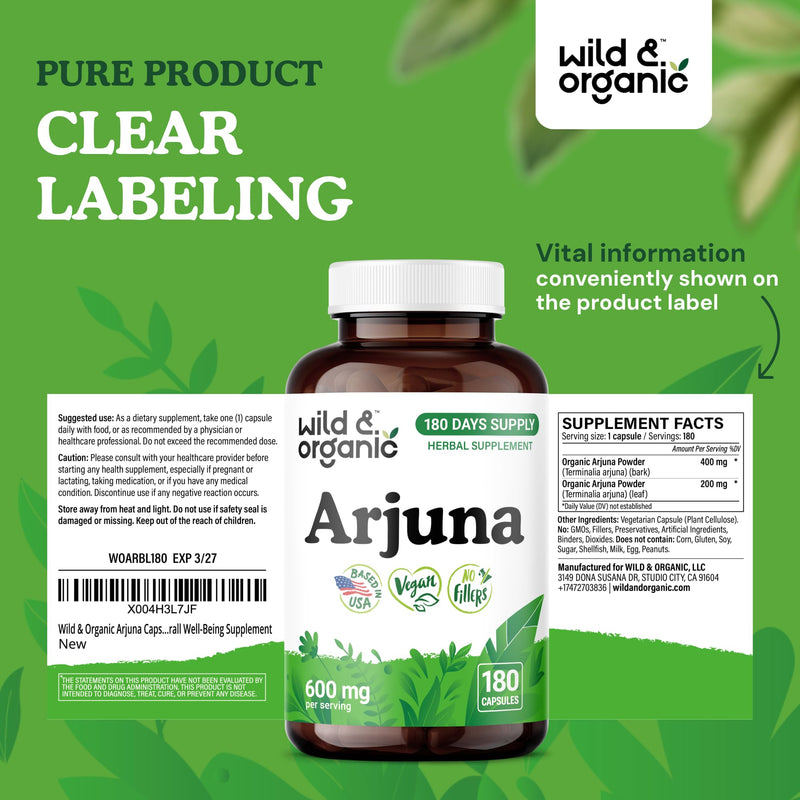 Wild & Organic Arjuna Bark Capsules - Overall Support - Arjuna Powder Supplement - 180 Herbal Capsules - 6-Month Supply - Terminalia Bark & Leaf Extract - Vegan, No Fillers, Non-GMO - BeesActive Australia