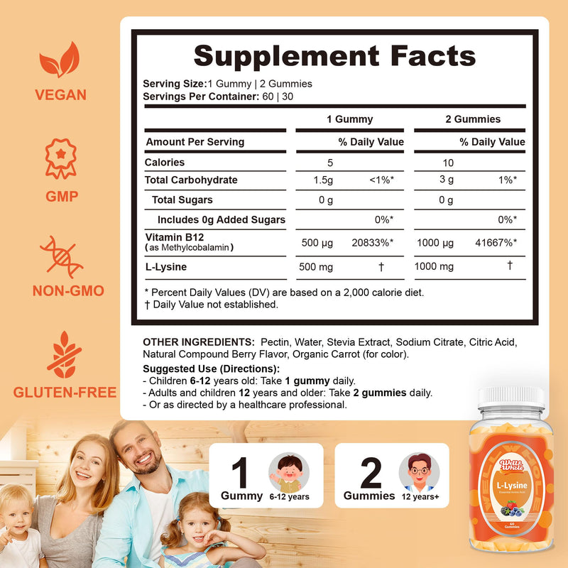 L-Lysine Gummies 1000mg - L-Lysine Supplements for Kids and Adults - Lip and Cold Sore* Support for Women - Chewable Lysine Gummies with Vitamin B12 - Vegan, Non GMO, Gluten-Free, 60 Counts 1
