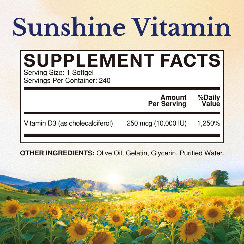 Vitalitown Vitamin D3 10,000 IU (250 mcg), High Potency for Bone, Teeth, and Immune Function Support, Olive Oil Based, Enhanced Absorption, 240 Softgels