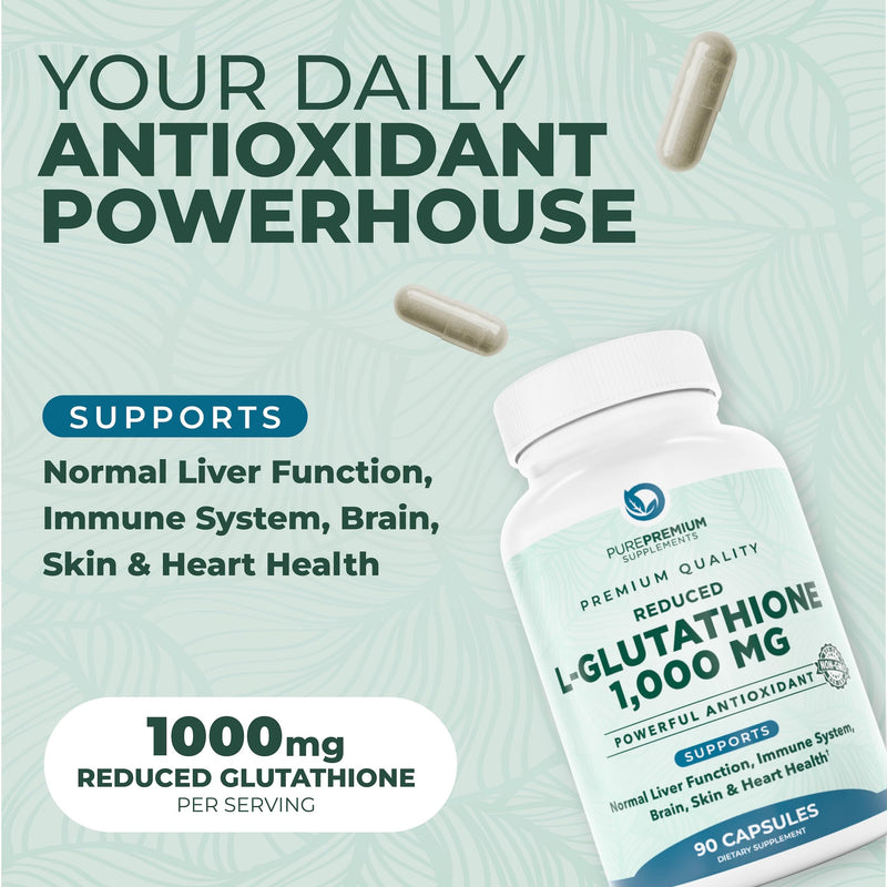 PurePremium Reduced Glutathione 1000mg Per Serving - 500mg Per Capsule ‚Äì L-Glutathione Supplement & Antioxidant Support for Normal Liver, Brain, Skin & Heart Health ‚Äì 90 Capsules - BeesActive Australia