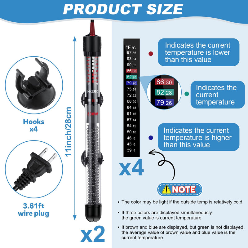 Dreyoo 2 Set 300W Submersible Aquarium Heater, Adjustable Aquarium Fish Tank Heater with 4 Thermometers Stickers and Suckers, Adjustable Knob Thermostat for Marine Saltwater and Freshwater - BeesActive Australia
