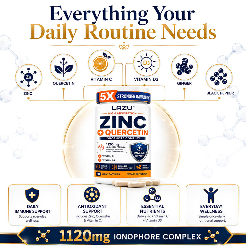 Lazu Zinc Supplements 5X Stronger Immunity, Quercetin, VIT C & D3, 60 Count | Advanced zinc supplement with quercetin, vitamin C and vitamin D3 to support daily immune health and wellness.