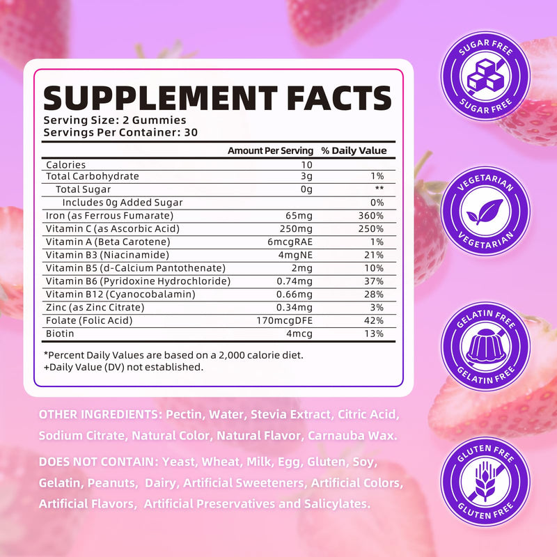 softbear Iron Gummies for Women & Men & Kids, Chewable Iron Supplements with Vitamin C,B3,B5,B6,B12 Supports Immune System, Energy & Vitality, Sugar-Free/Vegan, Strawberry Flavor 120 Count 60 Count (Pack of 2)