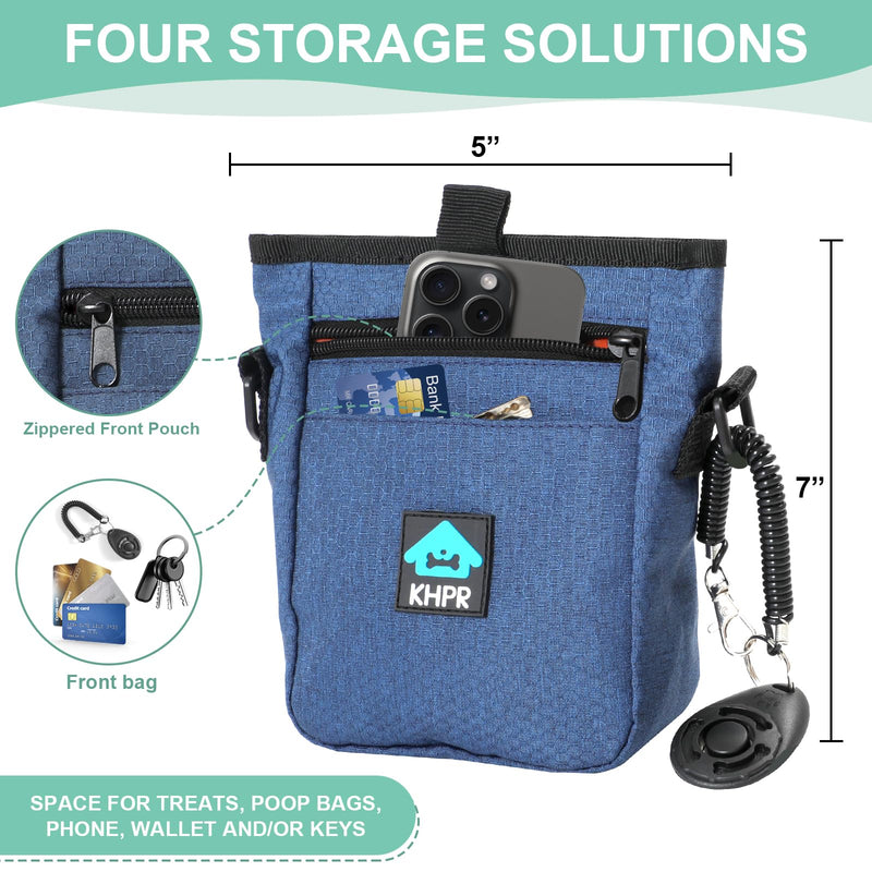 Dog Treat Pouch Magnetic Closure with Training Clicker，Hands-Free Design to Prevent Spills，Built in Poop Bag Dispenser，3 Ways To Wear，Metal Clip Waist Belt and Fanny Pack for Pet Walking（Blue） Blue - BeesActive Australia
