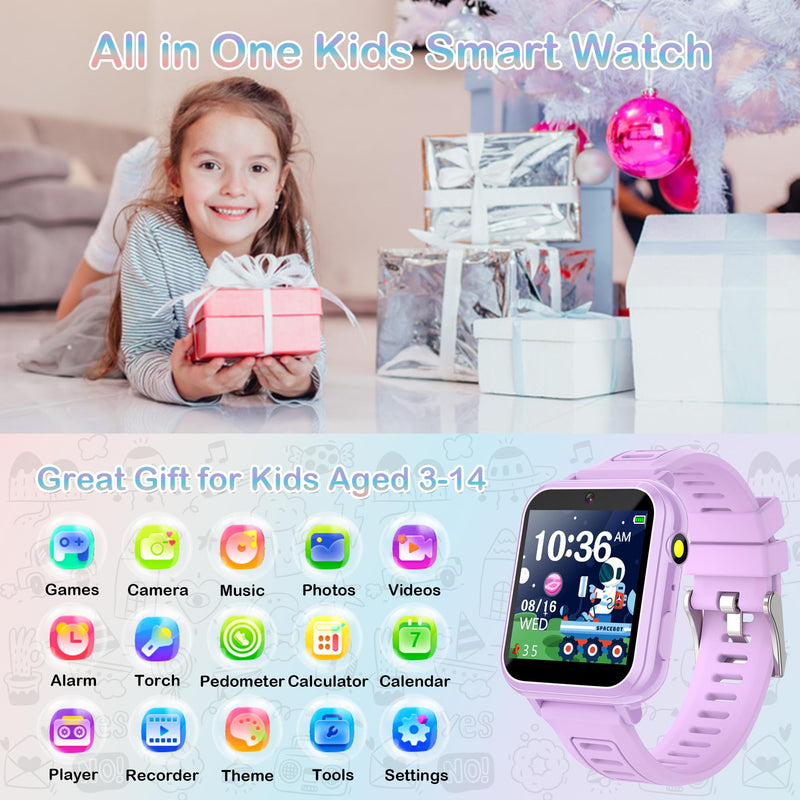 Kids Smart Watch Gift for Girls Age 3-12, 24 Games HD Touch Screen Girls Watch with Camera Video Music Player Pedometer Flashlight 12/24 hr Toys Gifts for 6 7 8 9 10 Year Old Girl Birthday Gift Purple - BeesActive Australia